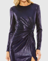 Purple Long Sleeve Knot Detail Slit Metallic Dress